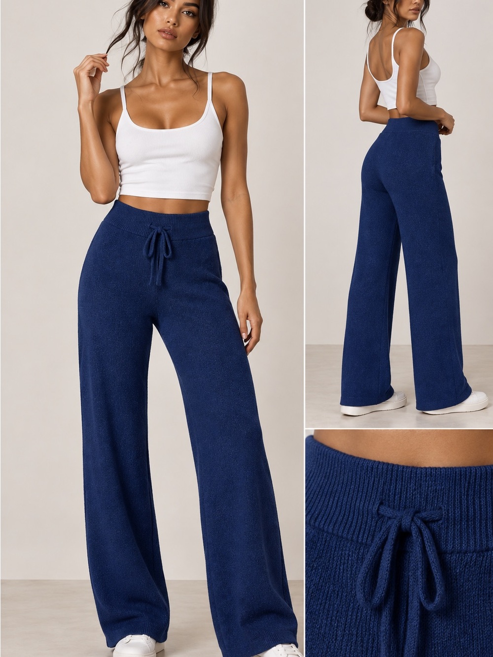 Free People Navy Wide-Leg Knit Drawstring Pants
